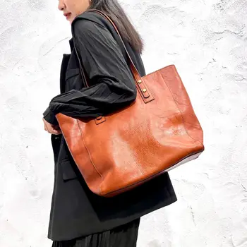 Кожаная женская сумка через плечо ручной работы из коровьей кожи растительного дубления, сумка-тоут, большая вместительная сумка для покупок, сумка для подмышек