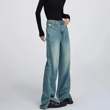 WCFCX STUDIO Винтажные джинсы, женская уличная одежда Y2k, Джинсы с синим разрезом, Корейская мода, Мешковатые эстетичные брюки с высокой талией