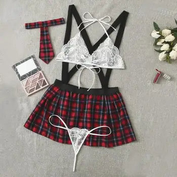 Сексуальное женское белье, школьная форма, Женский эротический костюм школьницы для косплея, комплект с кружевным бюстгальтером