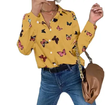 Женская блузка 2023, весенне-летняя женская рубашка, свободная рубашка с длинными рукавами и отворотом, рубашка с принтом бабочки, рубашка на пуговицах