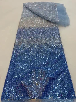 Небесно-голубая Роскошная Африканская Кружевная ткань ручной работы из бисера 2023, Высококачественная Французская вышивка, Нигерийские Сетчатые Кружевные ткани для шитья