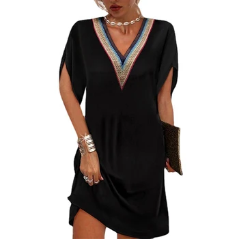 Контрастный цвет VОбразный вырез Темперамент Черное платье Женская Летняя мода Повседневный Свободный Элегантный Пуловер С коротким рукавом Вечерние платья