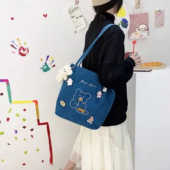 Вельветовая сумка-тоут с милой вышивкой медведя из мультфильма на плечо, свежая женская сумка-шоппер для девочек большой емкости