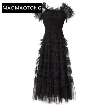 Летнее модное элегантное сетчатое платье для подиума, женский квадратный воротник, короткий рукав, каскадные оборки, черное длинное платье в горошек