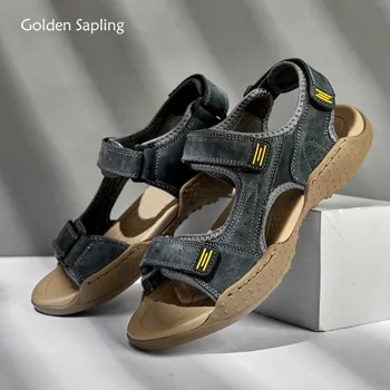 Летняя обувь Golden Sapling, уличные мужские сандалии, Классическая пляжная обувь, обувь из натуральной кожи, мужские сандалии для отдыха, Повседневная обувь на плоской подошве
