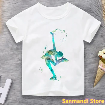 Акварельная футболка с принтом катания на коньках, Детская одежда для девочек, Кавайная детская одежда, Забавная белая футболка, Женская рубашка в стиле Харадзюку, топы