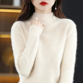 Осенне-зимний новый женский пуловер с полувысоким вырезом из 100% чистого норкового бархата, вязаный модный теплый топ с подкладкой для отдыха