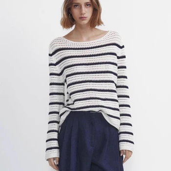 2023FW/ новый женский пуловер в полоску с круглым вырезом, вязаный крючком, с длинными рукавами, y2k, модные повседневные футболки прямой вязки, топы