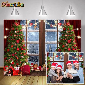 Рождественский фон, Рождественская елка, Санта-Клаус, вид из окна, Фотофон для Рождества и баннер для празднования Счастливого Нового года