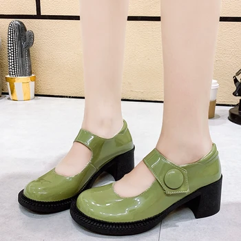 Женские туфли Mary Jane из лакированной кожи зеленого цвета Rimocy 2022, весенние туфли-лодочки без застежки с круглым носком, женские офисные туфли на толстом высоком каблуке