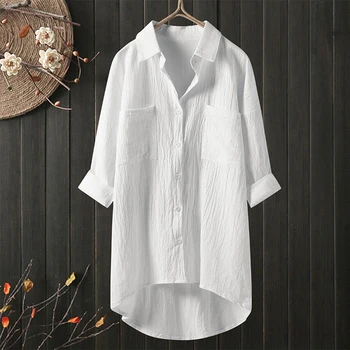 Хлопчатобумажная льняная рубашка, белая блузка для женщин 2023, Весна-лето, карманы, длинный рукав, негабаритный топ, повседневные свободные рубашки