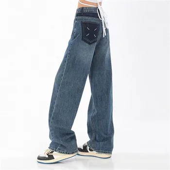 Новинка весны 2023 года Женские корейские модные Хлопчатобумажные Джинсы Прямые брюки с высокой талией Трендовые Широкие брюки y2k Streetwear XL