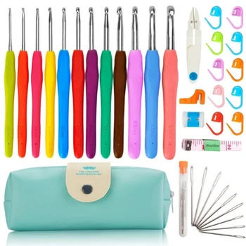 Набор из 37 предметов для вязания крючком с силиконовыми ручками и алюминиевыми крючками Идеально подходит для самостоятельного вязания и шитья