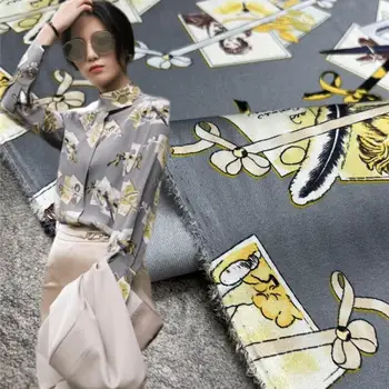 Эластичная Саржевая шелковая ткань с принтом, серая рубашка из шелка тутового цвета для платья, Материал одежды, Пошив по метру Оптом