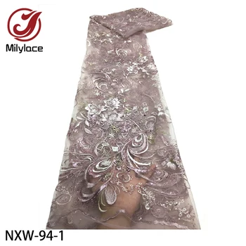 Африканская Кружевная вышитая кружевная ткань с блестками, высококачественная французская тюлевая кружевная ткань для свадебной вечеринки NXW-94