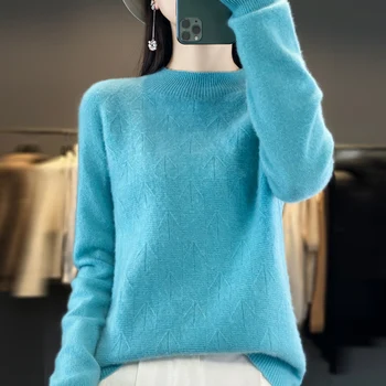 Осенне-зимний женский свитер, пуловер с высокой горловиной, Длинный рукав, Свободный крой, Бесшовный Готовый 100% шерстяной жаккардовый трикотаж, новинка 2023 года