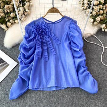 VANOVICH/ Весенне-осенняя новая модная Темпераментная шифоновая рубашка с объемным цветочным украшением и пышными рукавами