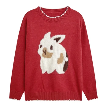 Красный жаккардовый свитер с круглым вырезом и милым плюшевым кроликом