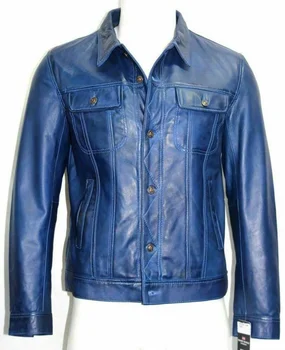 Мужская Куртка дальнобойщика из натуральной овечьей кожи, синее пальто в байкерском стиле, джинсовая рубашка