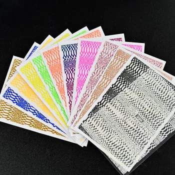 12 Листов голографических сетчатых наклеек для дизайна ногтей, лазерные самоклеящиеся наклейки, геометрические линии сетки, Полые дизайны, 3D слайдер для маникюра