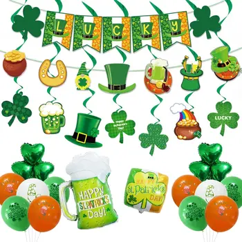 Набор украшений ко Дню Святого Патрика, Счастливый Баннер, Трилистник, Воздушный шар из фольги, Подвесные Зеленые Завитки из Трилистника для Ирландской вечеринки