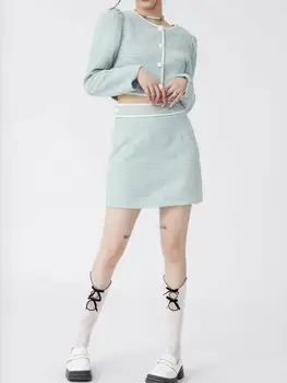 Женский повседневный цветной костюм В британском стиле, Однобортный топ с круглым вырезом, Дизайн с высокой талией, Короткая юбка в девичьем стиле, Два комплекта