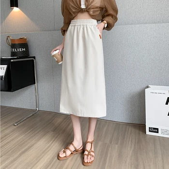 Юбки Женские средней длины, трапециевидная юбка с разрезом сзади, корейская стильная уличная одежда OL, шикарная женская юбка средней длины со Свободным карманом
