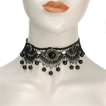 Женский воротник в готическом стиле, черное ожерелье-чокер, цепочка с вышивкой, кружево