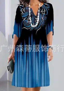Женское платье в этническом стиле, весенне-осеннее модное элегантное платье с V-образным вырезом и постепенным принтом большого размера, многоцветное свободное платье с коротким рукавом