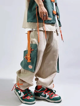 Мужские Брюки-карго HOUZHOU в стиле хип-хоп, подходящая одежда для пар большого размера, Y2K, Японская стильная одежда с карманами, лоскутное шитье в стиле харадзюку