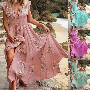 2023 Летнее Макси-платье в стиле Бохо, Женское Богемное Длинное Вечернее платье с кисточками, Женское пляжное платье с цветочным принтом для женщин