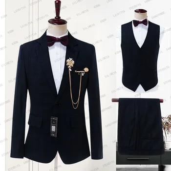 2023 Темно-синий клетчатый Мужской костюм на заказ, Блейзеры в стиле Ретро, повседневный деловой приталенный свадебный комплект из 3 предметов (куртка + жилет + брюки)