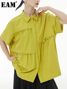 [EAM] Женская Желтая Плиссированная Элегантная Блузка Большого Размера, Новая Рубашка Свободного Кроя с Коротким рукавом и Отворотом, Модная Рубашка Весна-Лето 2023 1DF0162