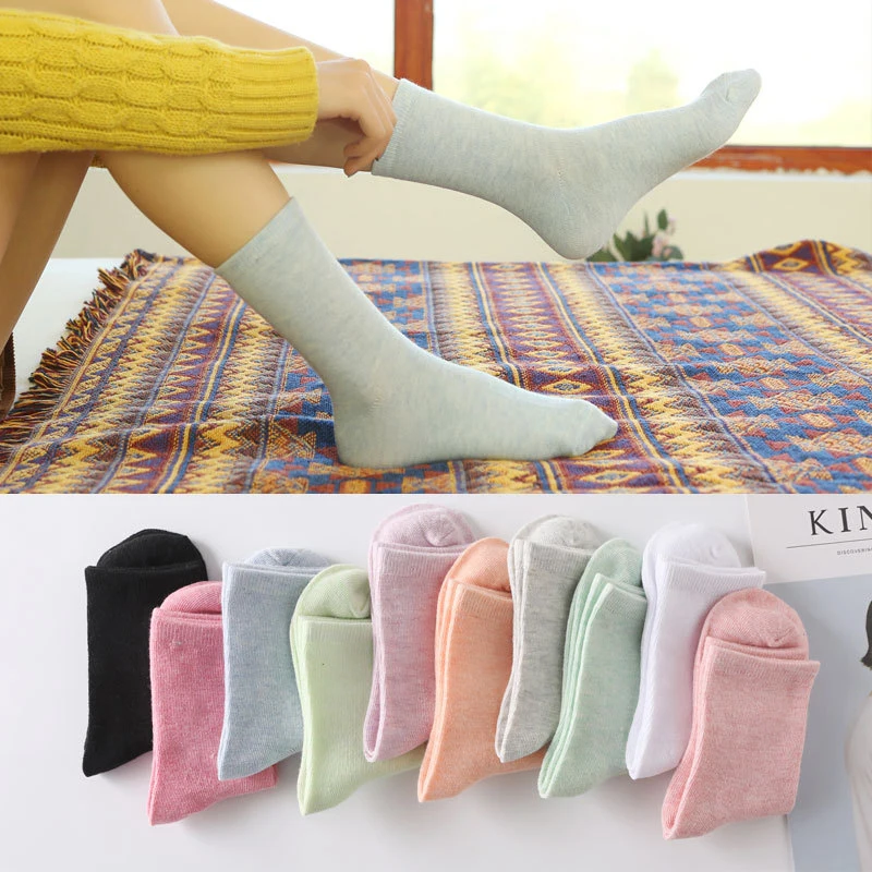 5 пар носков ярких цветов Высокого качества, Милые однотонные удобные Хлопчатобумажные носки средней длины, Женские, для девочек, Модные, осень-зима, повседневные . ' - ' . 1