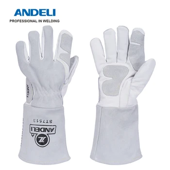 Сварочные перчатки из кожи ANDELI, термостойкие для сварки/приготовления пищи/барбекю, Бело-Серые защитные рабочие сварочные перчатки