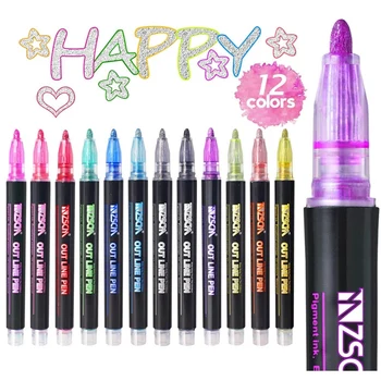 12 Цветов с металлическим блеском, цветной контурный маркер, кавайный художественный маркер, двойная линейка, ручка для школьного рисования, принадлежности для рукоделия, ручка