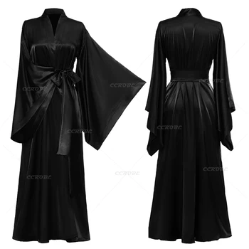 Шелковый Халат для женщин, Длинные Халаты-кимоно, Будуарный Свадебный халат, Свадебный халат, Ночная рубашка с V-образным вырезом, Пижама