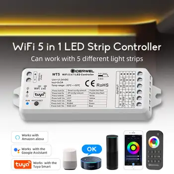 Wifi LED RGBCCT Световая Лента 5 в 1 Диммер Контроллер Tuya Alexa Voice Cloudy 2,4 G RF Пульт Дистанционного Управления WT5 работает с Alexa 12 В/24 В