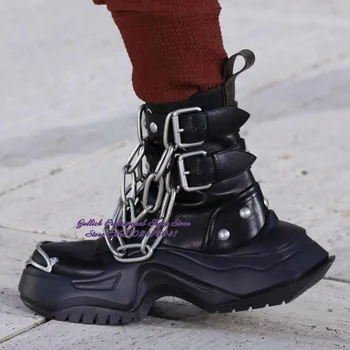 Мужские Ботильоны на высокой платформе со стальным носком, Мотоциклетные ботинки с серебристой металлической цепочкой, Повседневная обувь Унисекс с ремешком с пряжкой и шипами