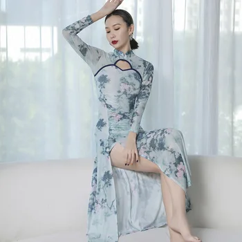 2023 женское сексуальное платье hanfu modern qipao в традиционном китайском стиле с высоким разрезом, халат Чонсам, газовая одежда для танцев с принтом, представление