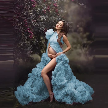 Элегантное фиолетовое фатиновое платье для беременных для фотосессии с разрезом спереди, бальное платье без рукавов, оборки-клеши, сшитое на заказ