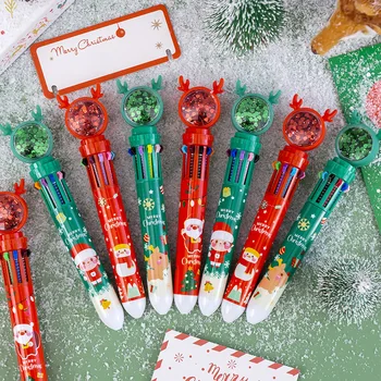 Рождественские шариковые ручки Kawaii, Блестящие блестки, 10 цветов, Шариковая ручка-роллер Kawaii, Пресс-ручка, подарки для детей, Канцелярские принадлежности