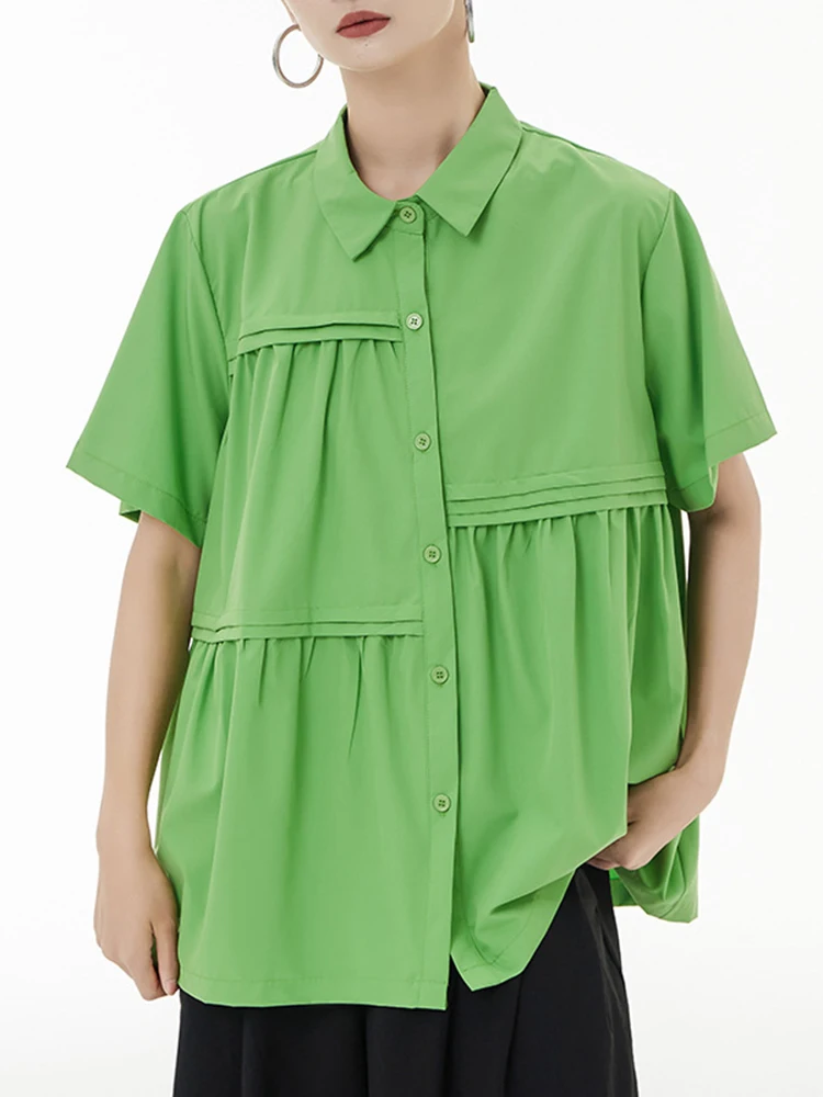 [EAM] Женская Желтая Плиссированная Элегантная Блузка Большого Размера, Новая Рубашка Свободного Кроя с Коротким рукавом и Отворотом, Модная Рубашка Весна-Лето 2023 1DF0162 . ' - ' . 1