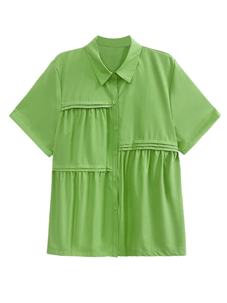 [EAM] Женская Желтая Плиссированная Элегантная Блузка Большого Размера, Новая Рубашка Свободного Кроя с Коротким рукавом и Отворотом, Модная Рубашка Весна-Лето 2023 1DF0162 . ' - ' . 4