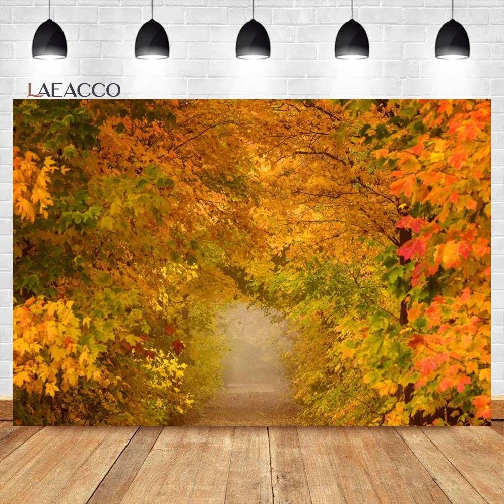 Laeacco, Осенний фон для фотосъемки с кленовыми листьями, Желтый туннельный пейзаж, Естественное время года, Портретный фон для детей и взрослых . ' - ' . 0
