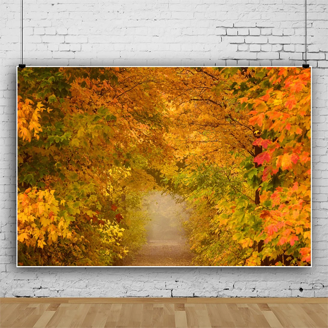 Laeacco, Осенний фон для фотосъемки с кленовыми листьями, Желтый туннельный пейзаж, Естественное время года, Портретный фон для детей и взрослых . ' - ' . 1