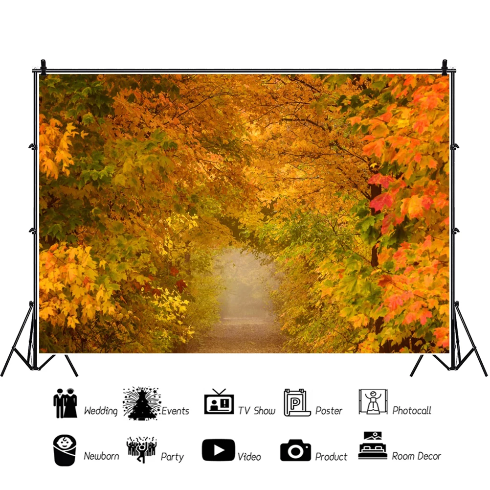 Laeacco, Осенний фон для фотосъемки с кленовыми листьями, Желтый туннельный пейзаж, Естественное время года, Портретный фон для детей и взрослых . ' - ' . 2
