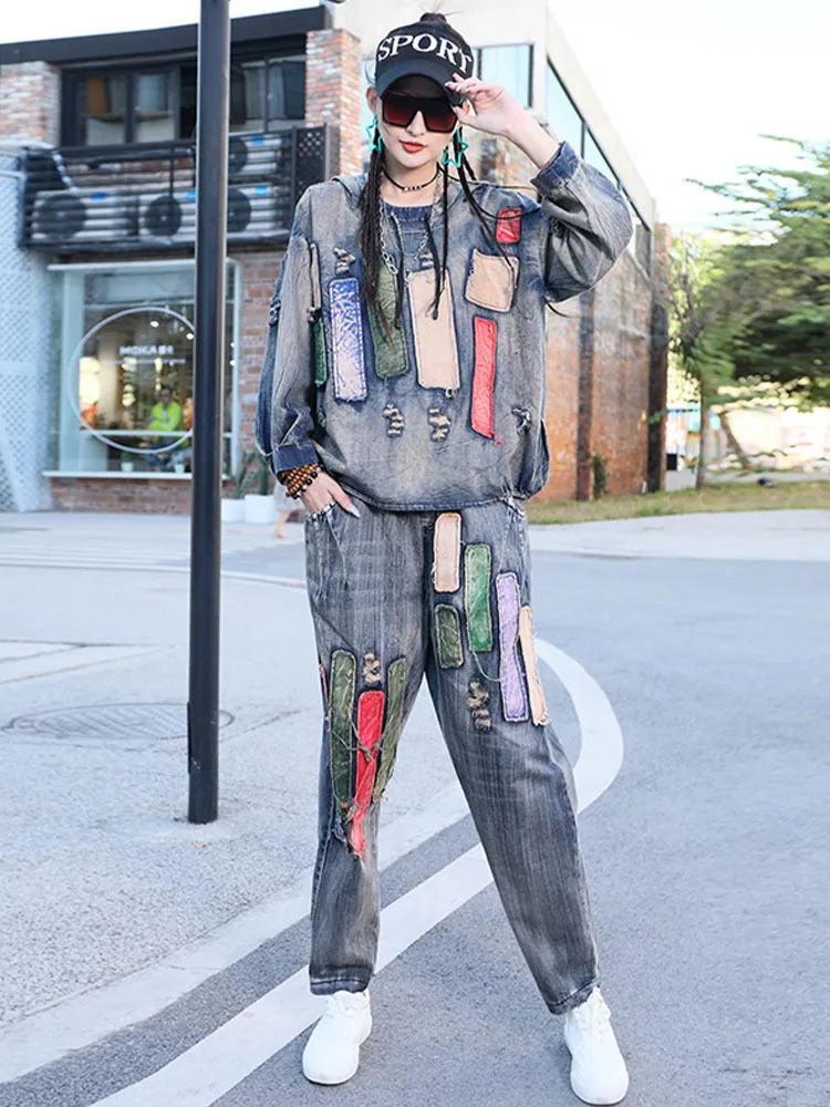 Max LuLu/ Новинка Весны, Модные женские комплекты из двух предметов с джинсовым принтом в британском стиле, Женские винтажные топы с капюшоном и шаровары, готический наряд . ' - ' . 2