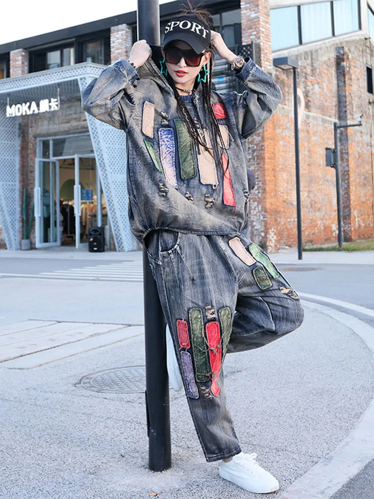 Max LuLu/ Новинка Весны, Модные женские комплекты из двух предметов с джинсовым принтом в британском стиле, Женские винтажные топы с капюшоном и шаровары, готический наряд . ' - ' . 3