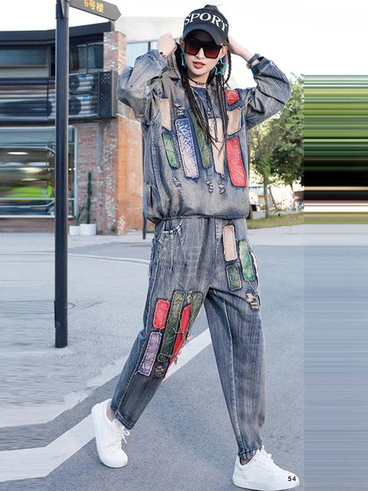 Max LuLu/ Новинка Весны, Модные женские комплекты из двух предметов с джинсовым принтом в британском стиле, Женские винтажные топы с капюшоном и шаровары, готический наряд . ' - ' . 5